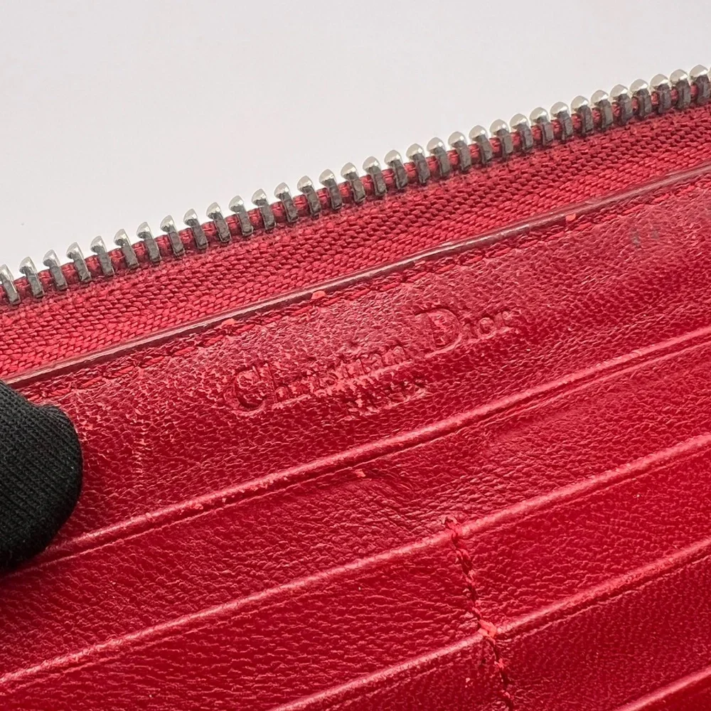 Authentic Christian Dior Cannage Red Patent Leather Zip Long Wallet